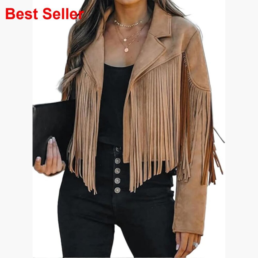 Faux Suede Leather Jacket Cropped Fringe Western Motorcycle Coat